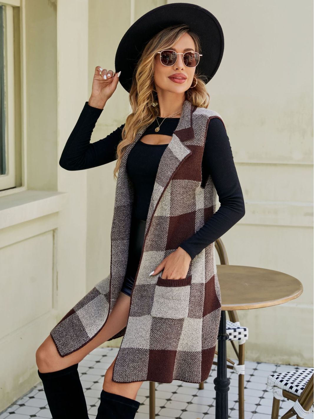 Elegant Layers Women Long Suit Collar Sleeveless Sweater Coat for Stylish Comfort