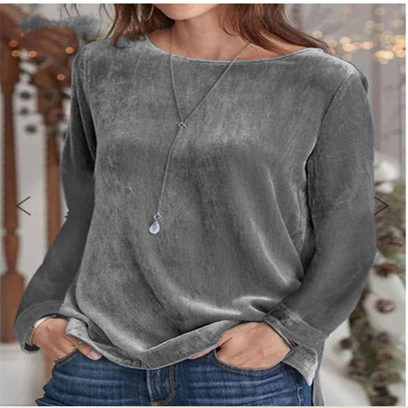 Velvet Chic Solid Color Round Neck Long Sleeve Pullover Sweater