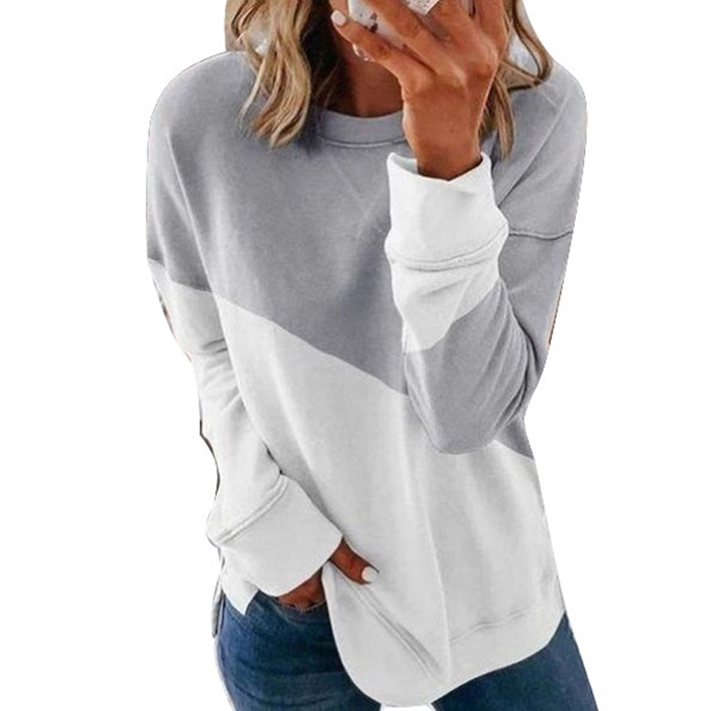 Women Fit Round Neck Long Sleeve Sweater Color Matching Tops Sport Clothes