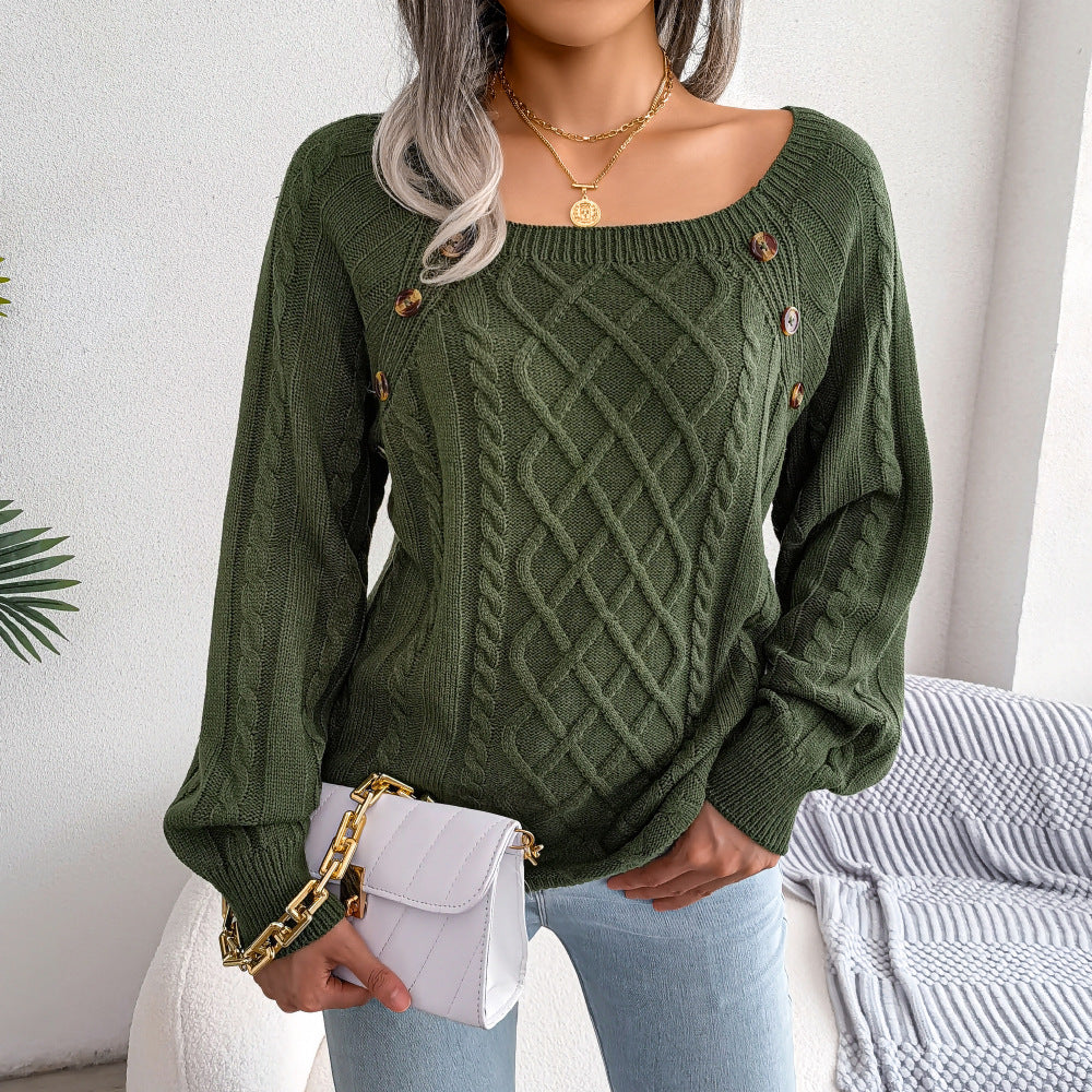 Women Sweaters and Pullovers Twisted Back Jumpers Square Neck Button Fried Dough Twist Knitting Sweater