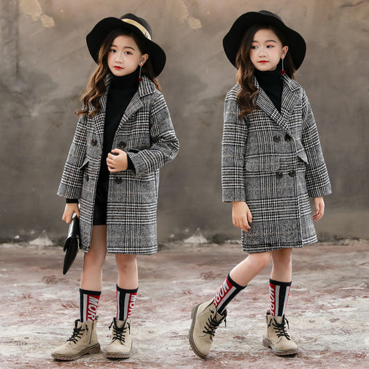 Chic Sophistication Gray Plaid Hounds tooth Coat for Fashionable Girls