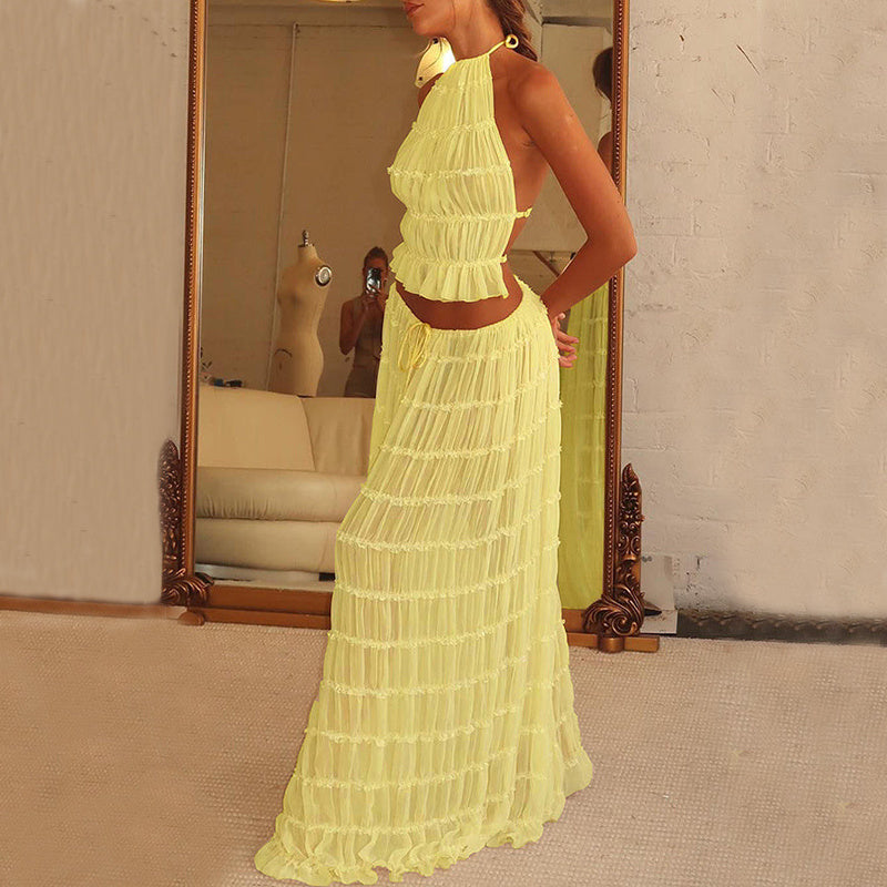 Graceful Ensemble Sleeveless Backless Cropped Halter Top and Pleated Long Dress Set for Women