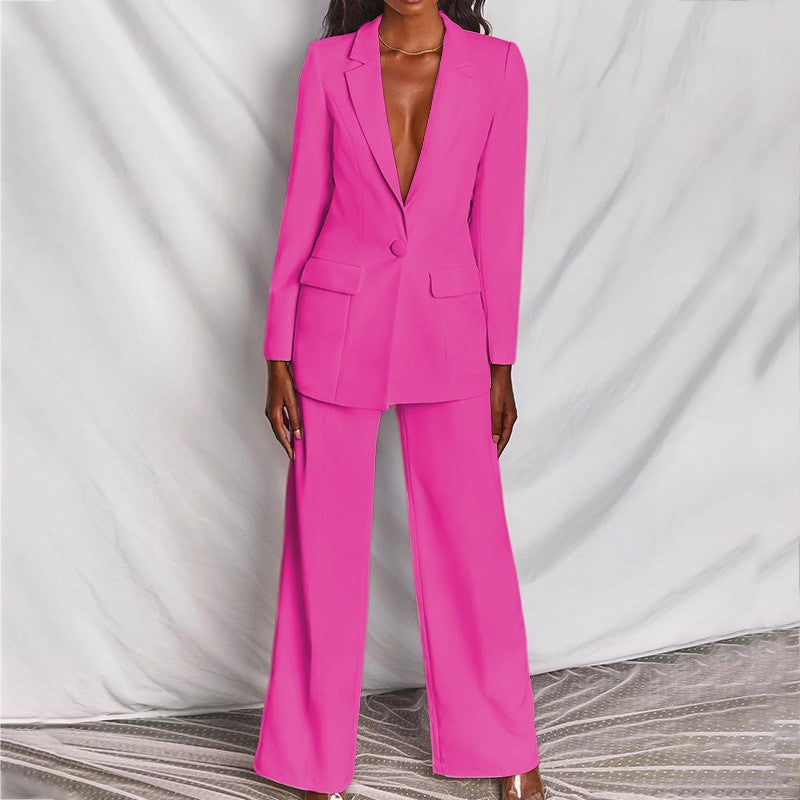 Business Women Long Sleeve Trousers Suit Blazer Jacket and Wide Leg Pants Set