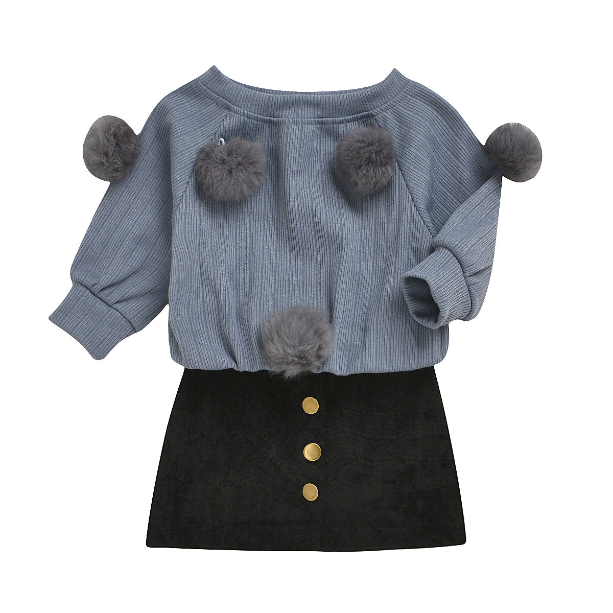 Chic and Comfortable Cotton Round Neck Long Sleeve Wool Ball Denim Skirt