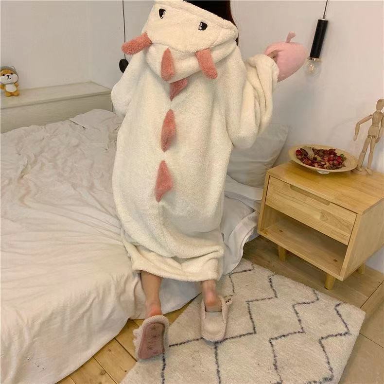 Cute Cartoon Dinosaur Coral Fleece Nightdress for Women - Autumn/Winter