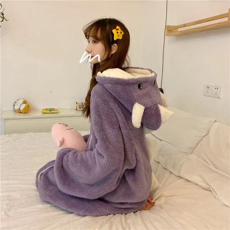 Cute Cartoon Dinosaur Coral Fleece Nightdress for Women - Autumn/Winter