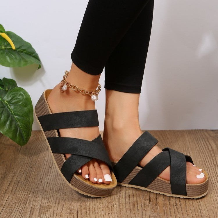 Summer Stride Woven Cross Strap Platform Sandals for Women Flat and Fabulous Beach Style