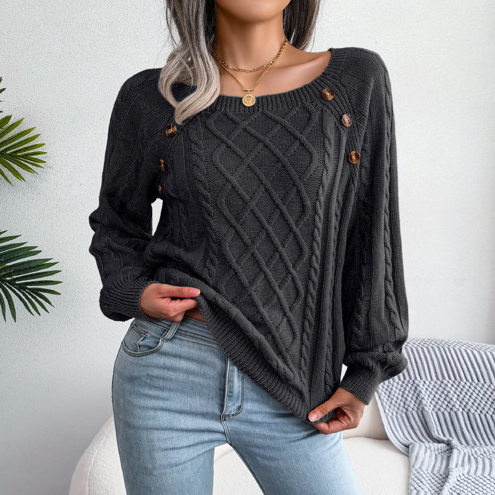 Women Sweaters and Pullovers Twisted Back Jumpers Square Neck Button Fried Dough Twist Knitting Sweater