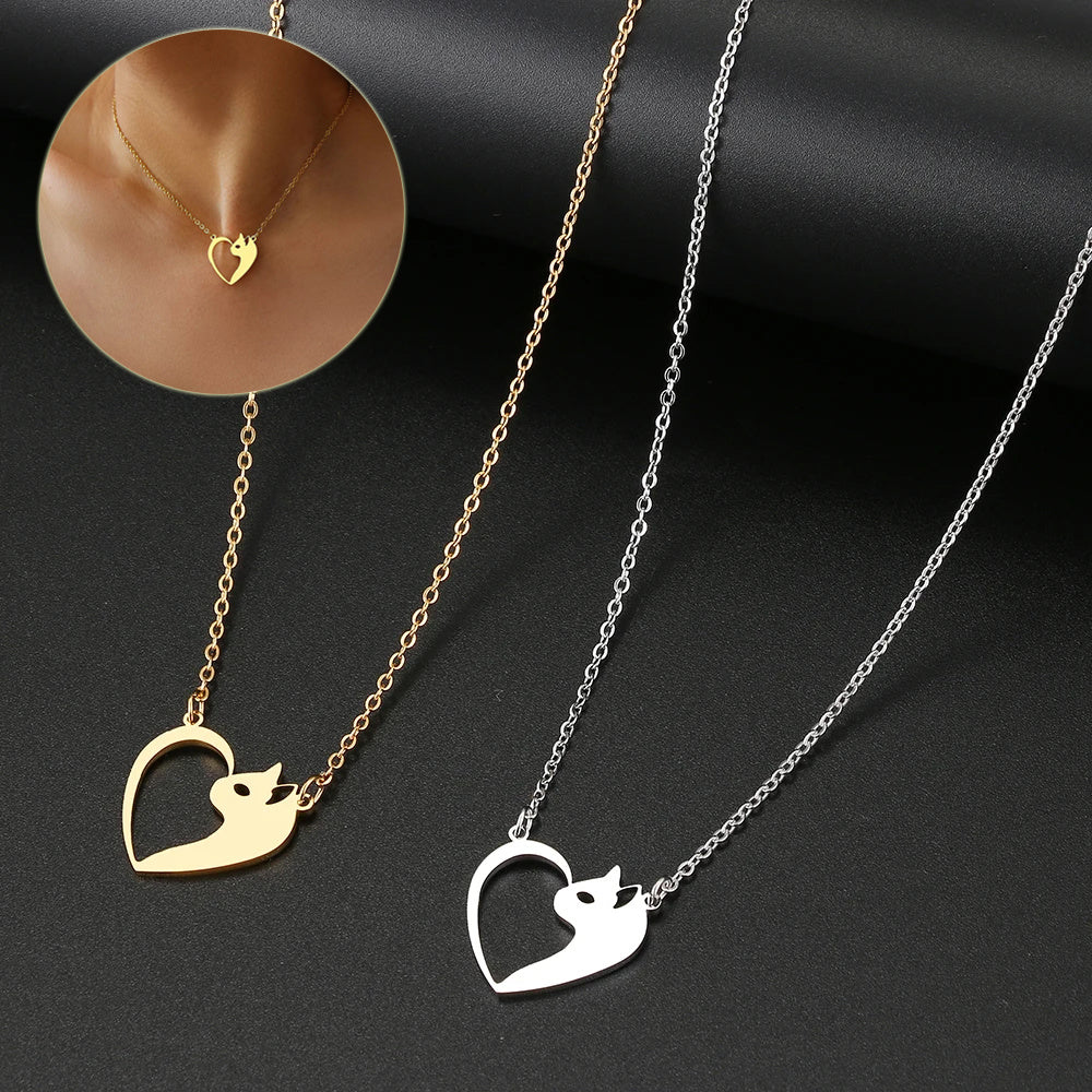 Chic Stainless Steel Heart Cat Pendant Necklace Fashion Jewelry for Women and Girls Clavicle Chains Perfect Gifts