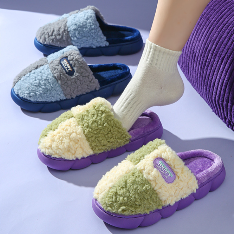 Color Matching Winter Plush Slippers Anti Slip House Shoes for Cozy Comfort