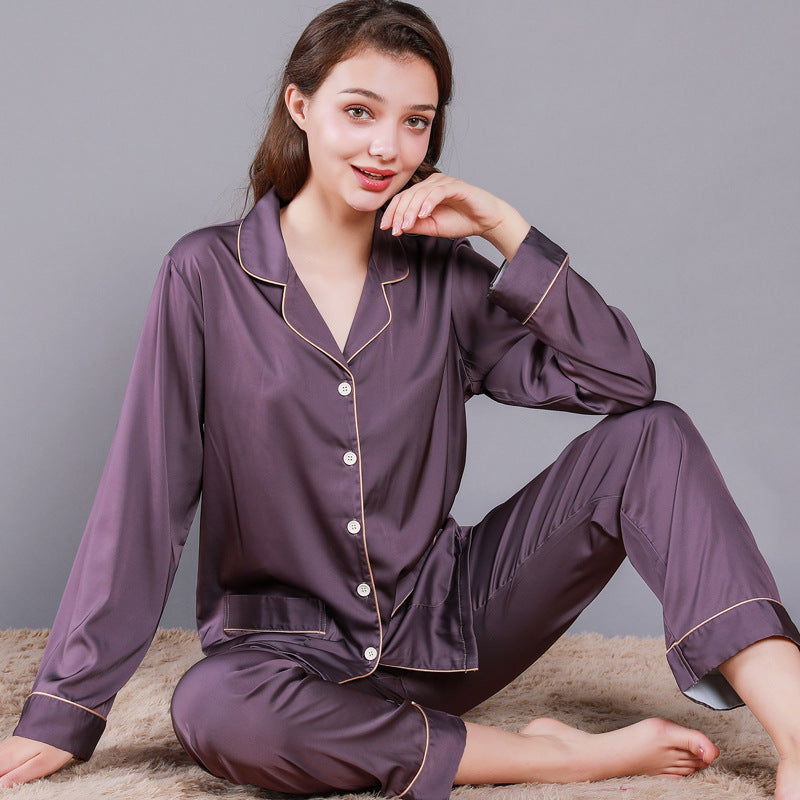 Women's Summer Silk-like Long Sleeve Two-piece Pajamas