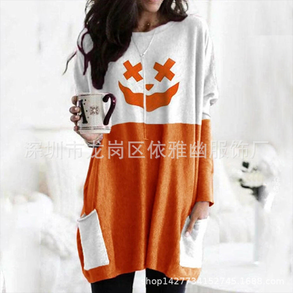 Pumpkin Halloween Pocket Long Sleeve Dress