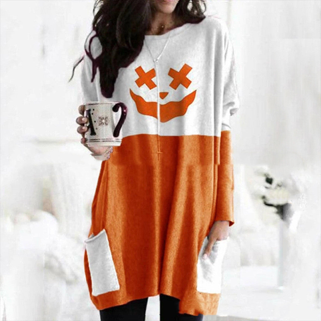 Pumpkin Halloween Pocket Long Sleeve Dress