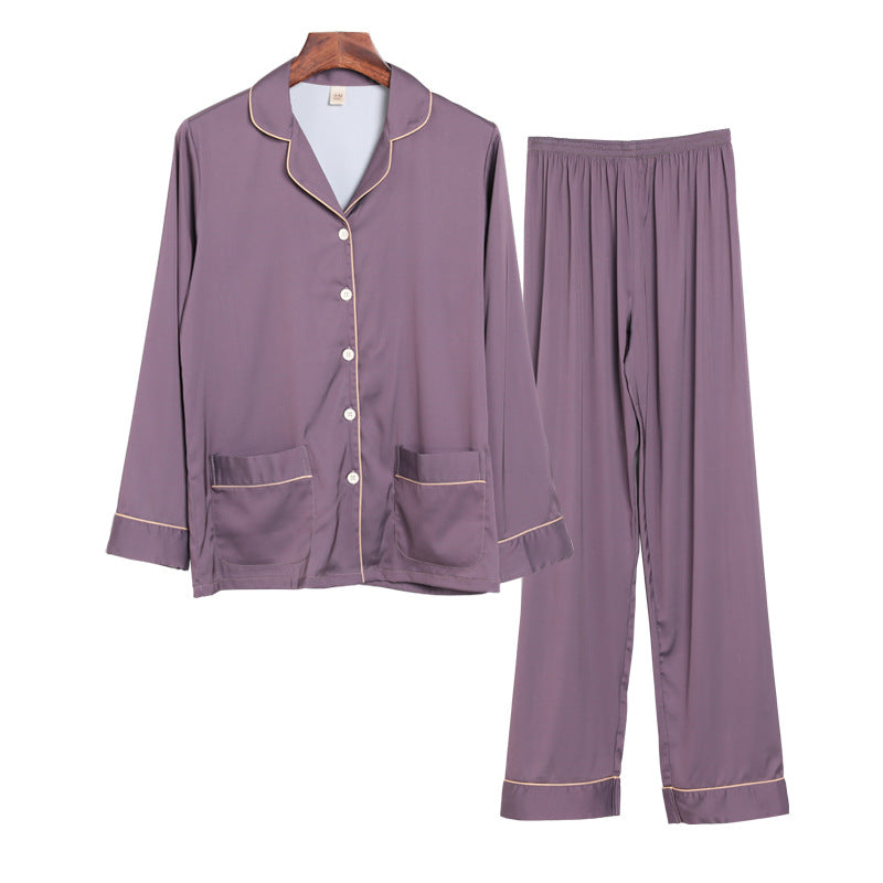 Women's Summer Silk-like Long Sleeve Two-piece Pajamas