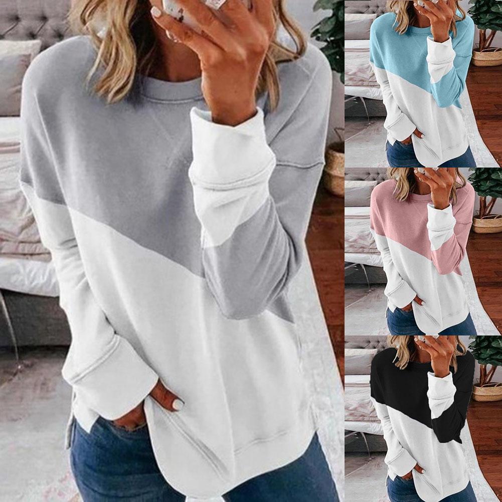 Women Fit Round Neck Long Sleeve Sweater Color Matching Tops Sport Clothes