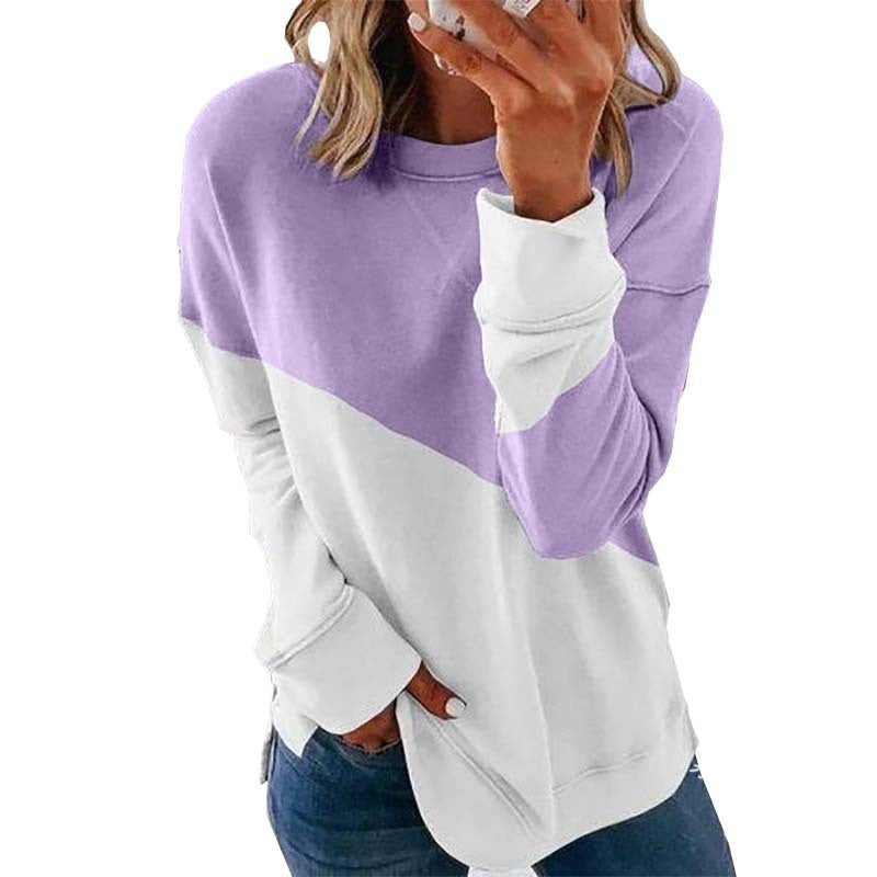 Women Fit Round Neck Long Sleeve Sweater Color Matching Tops Sport Clothes