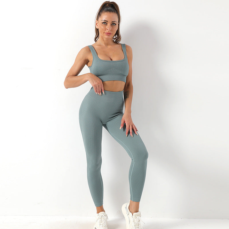 Dynamic Duo 2 Piece Thread Yoga Suit with Seamless Bra and Butt Lifting High Waist Leggings Set Ideal for Women Sports Fitness and Yoga Outfits