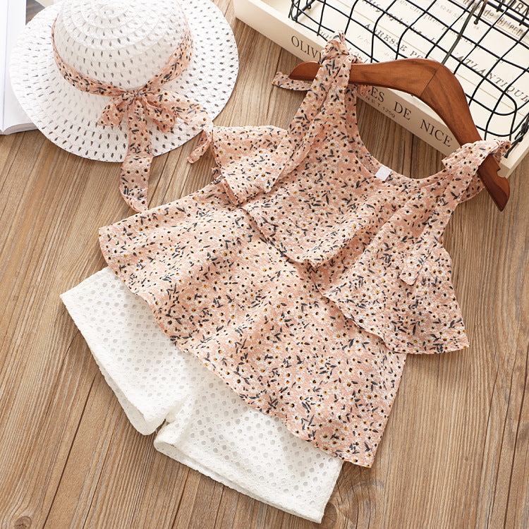 Chic and Cool Chiffon Sling Two Piece Suit with Matching Hat Perfect for Fashion Forward Girls