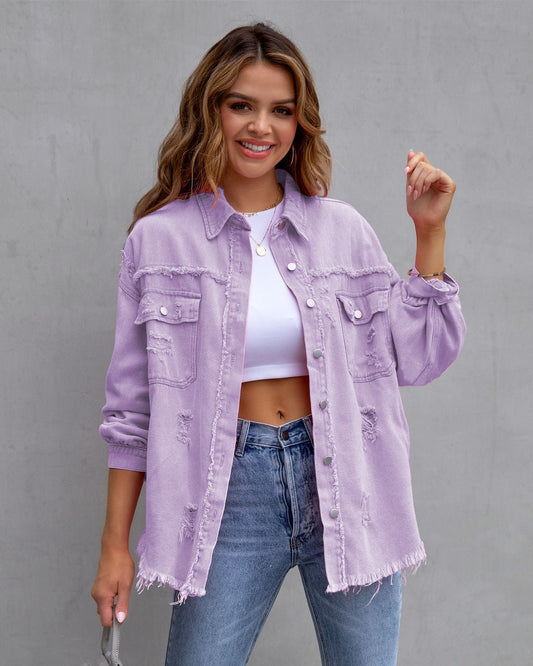 Ripped Shirt Jacket for Women - Autumn and Spring Casual Top