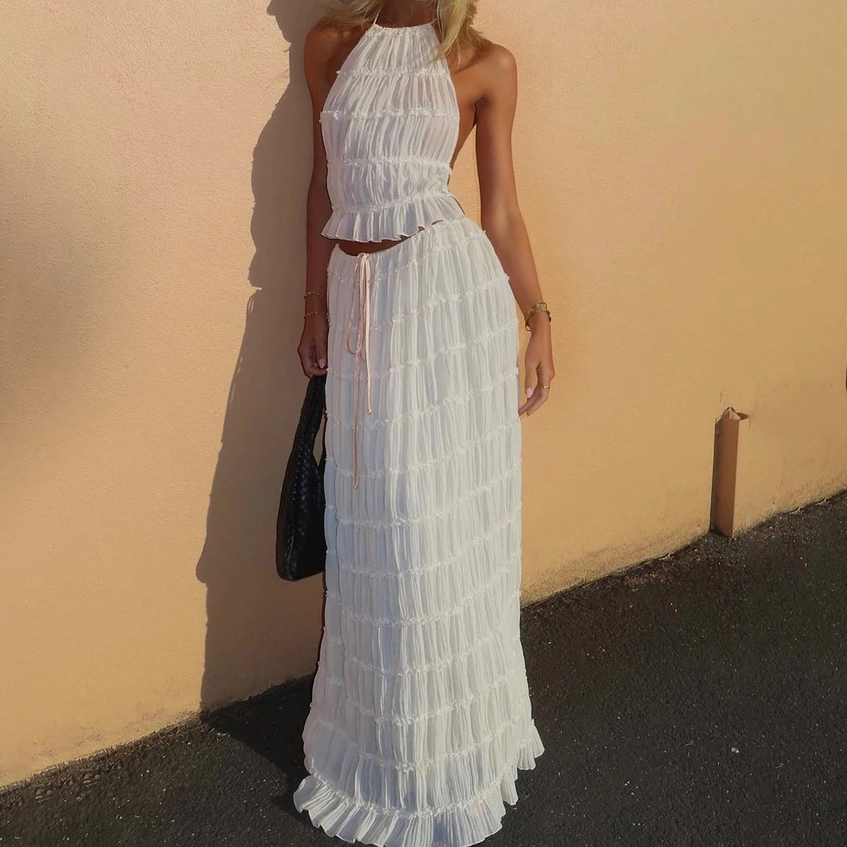 Graceful Ensemble Sleeveless Backless Cropped Halter Top and Pleated Long Dress Set for Women