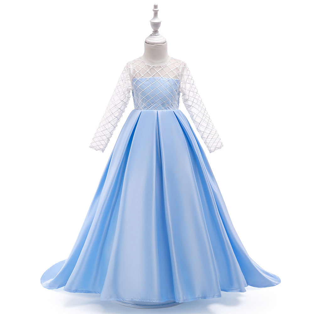 Ethereal Grace Mesh Long Sleeve Trailing Girls Dress for Timeless Elegance