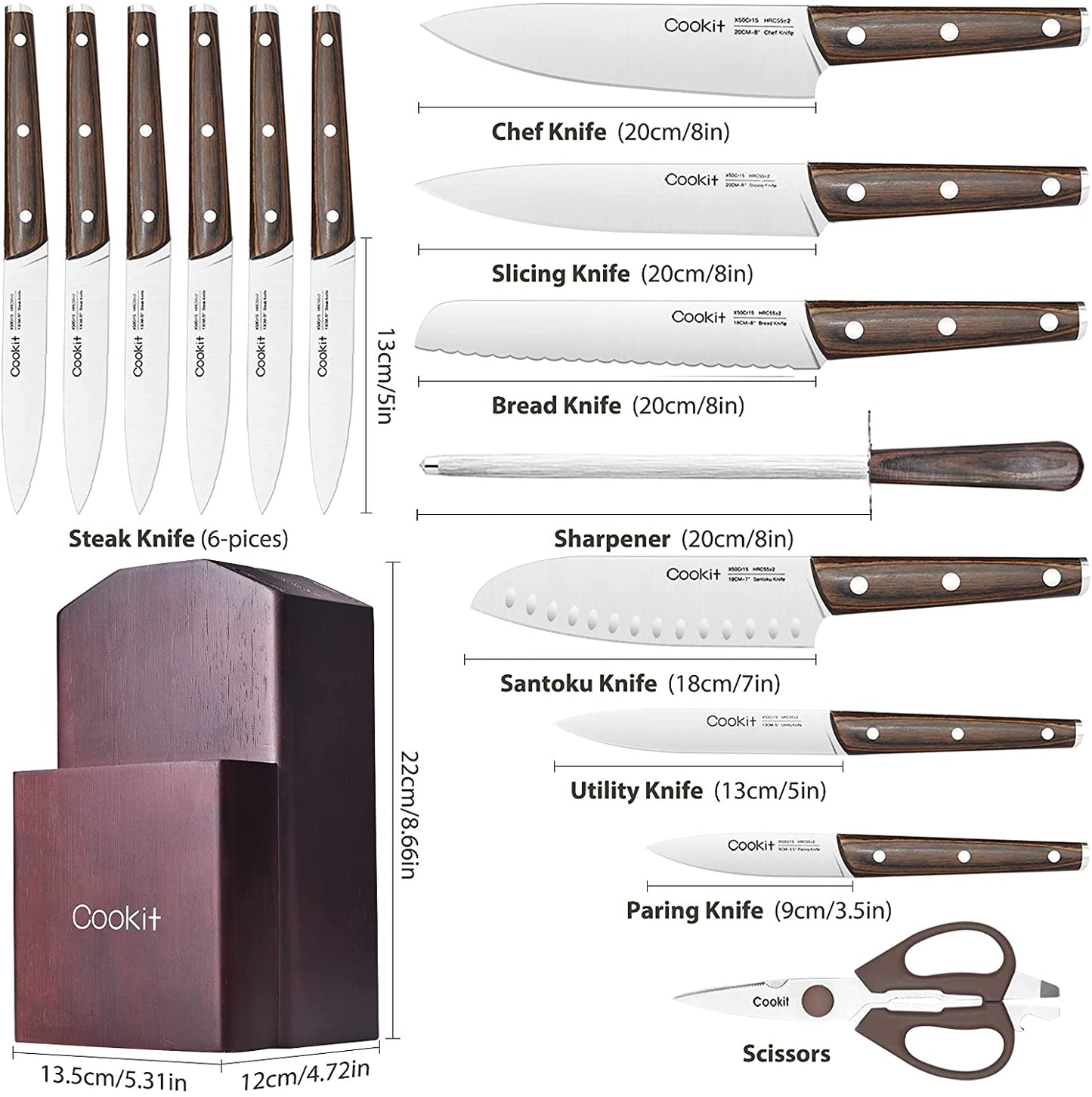 15 Piece Kitchen Knife Set with Block and Manual Sharpener