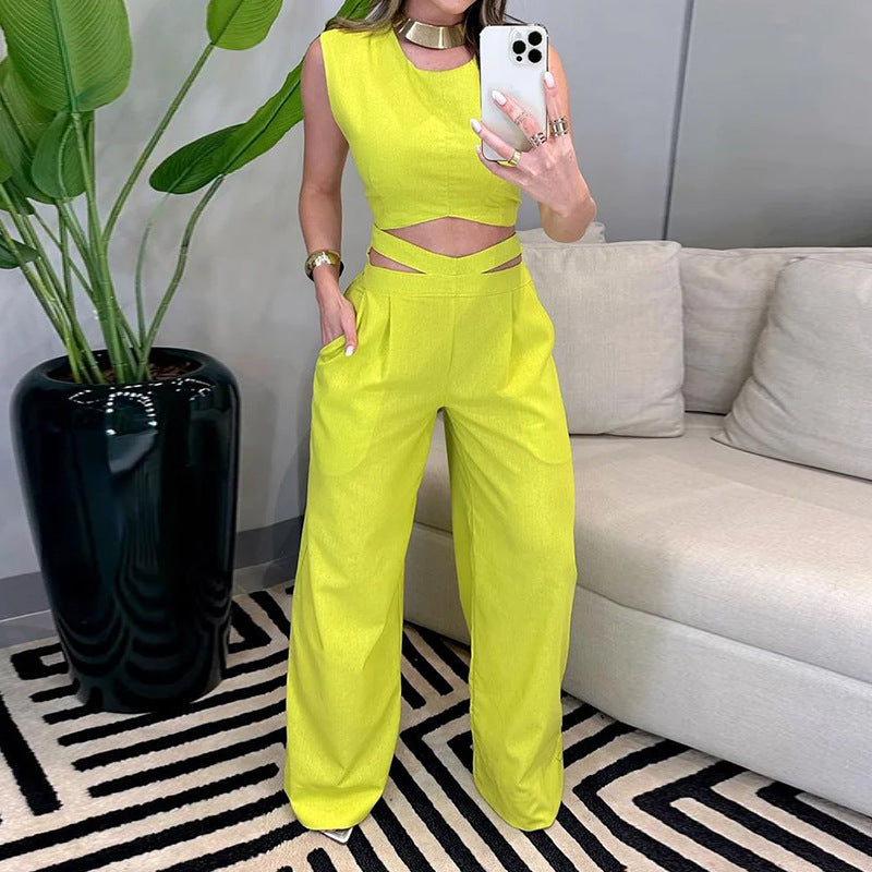 Women's Fashion Slim-fit Solid Color Top Pants Suit