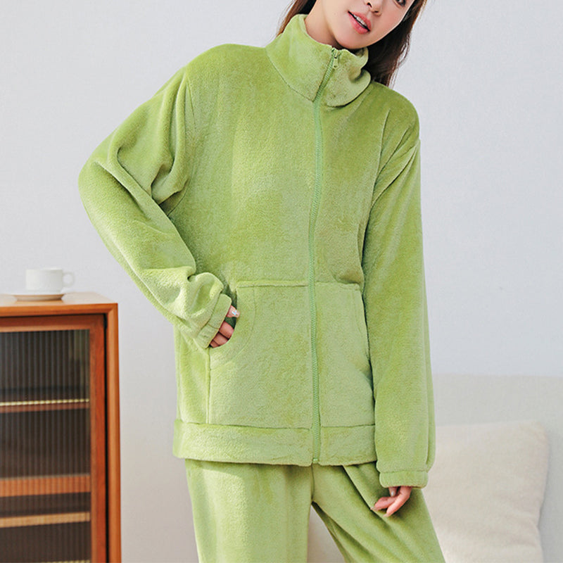 Indoor and Outdoor Warmth Winter Coral Velvet Pajama Set with Pockets and Stand Collar