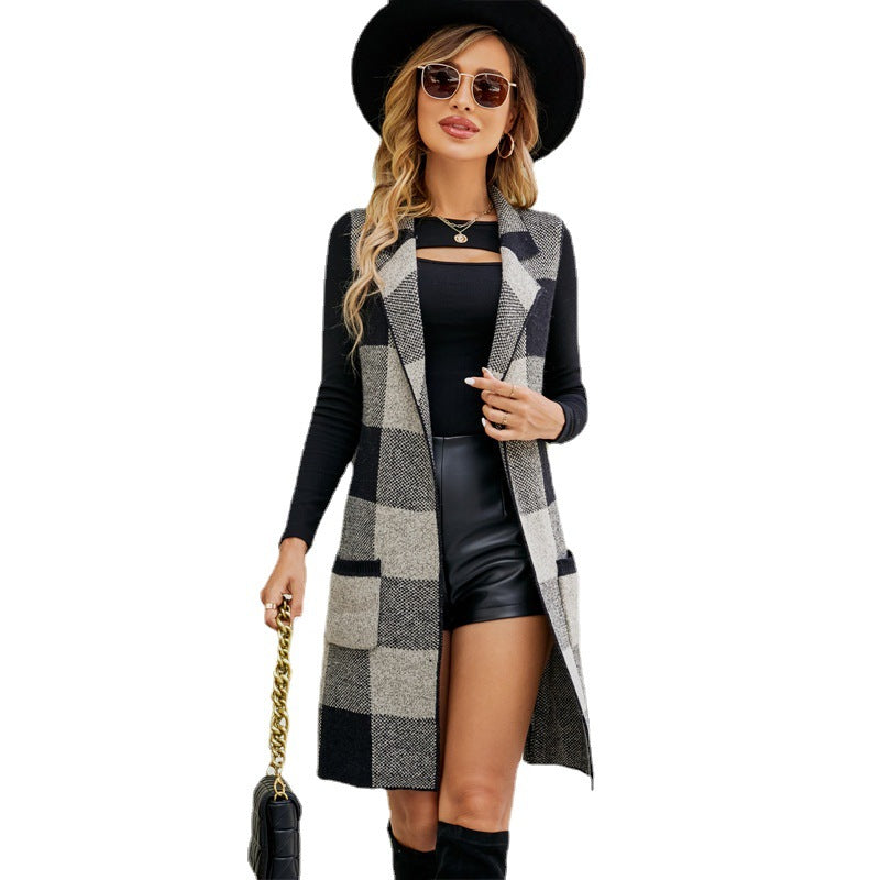 Elegant Layers Women Long Suit Collar Sleeveless Sweater Coat for Stylish Comfort