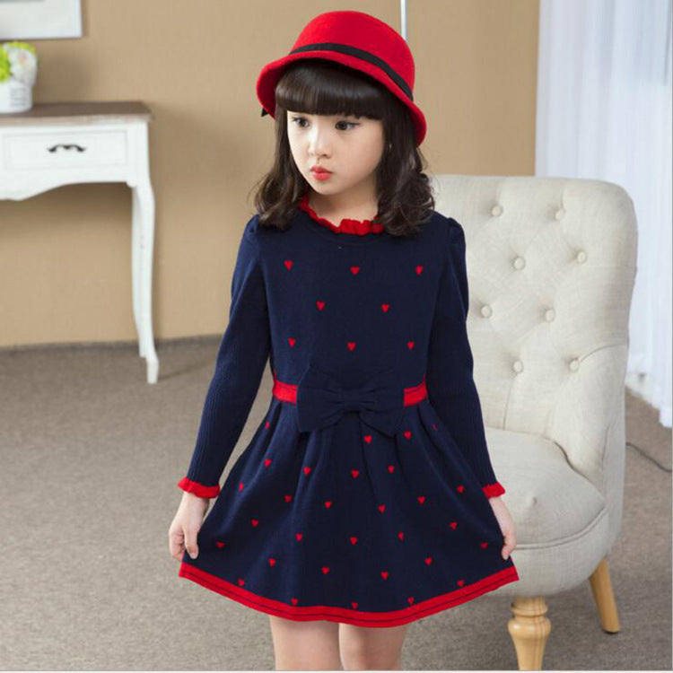 Princess Charm Girls Long Sleeved Round Neck Sweater Dress with Bow Stitching Korean Inspired and Perfect for Any Occasion