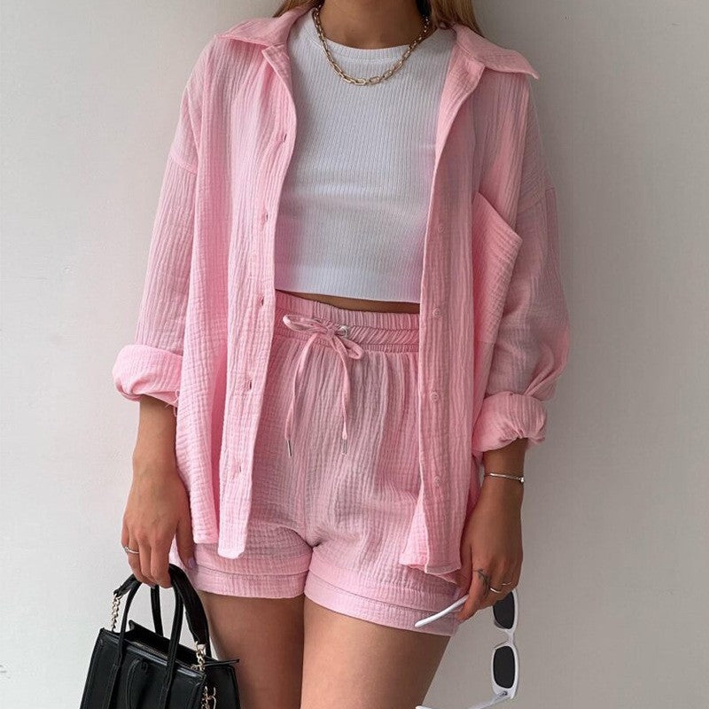 Spring Champray Outfits Lapel Long Sleeve Shirt High Waist Drawstring Shorts Plus Size Fashion Casual Set