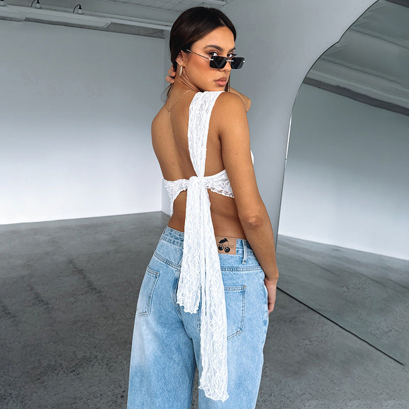 Ethereal Elegance Lace Backless Summer Top with Solid Color Waistless Design Asymmetrical Sloped Neckline Perfect for Streetwear in Women's Fashion