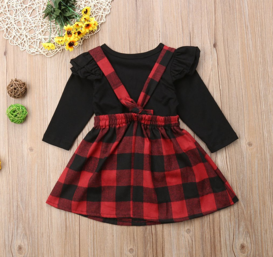 Chic and Versatile New Arrival Girls Black Long sleeved Plaid Strap Dress Two Piece Set Perfect for Foreign Trade Platform and Wholesale