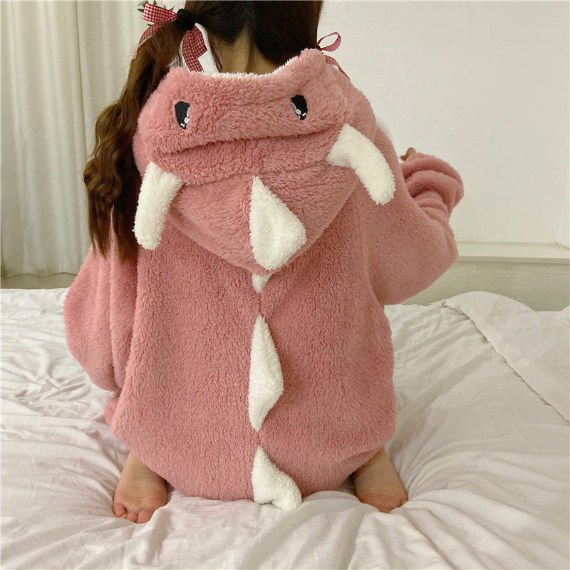 Cute Cartoon Dinosaur Coral Fleece Nightdress for Women - Autumn/Winter