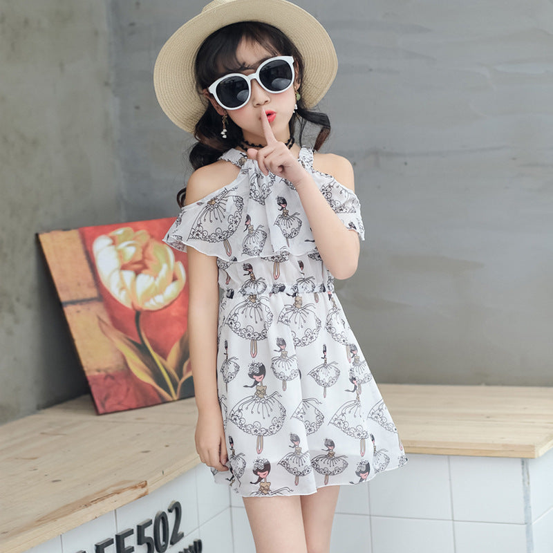 Korean Chic Summer New Fashion Chiffon Print Skirt for Big Kids Girls