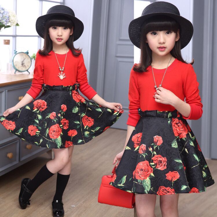 Stylish Sophistication Girls Long Sleeved Dresses with Big Kids Fake Two Piece Plaid Skirt