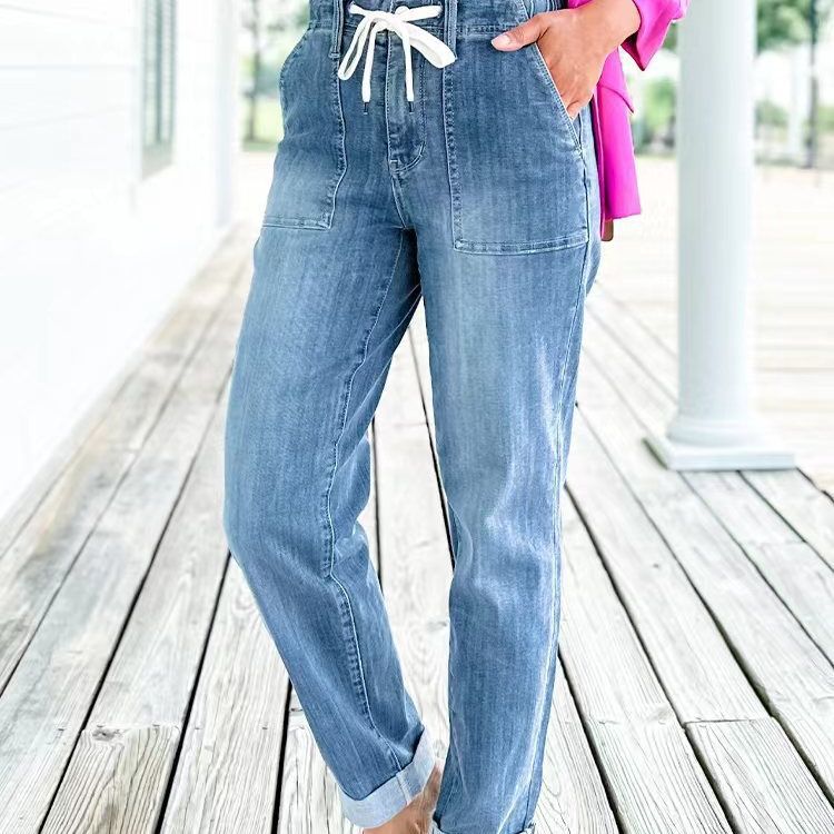 Women Wide Leg Jeans High Waist Baggy Jeans Loose Boyfriend Jeans Denim Pants Oversized Straight Trousers Women's Drawstring Jeans Fashion Pants