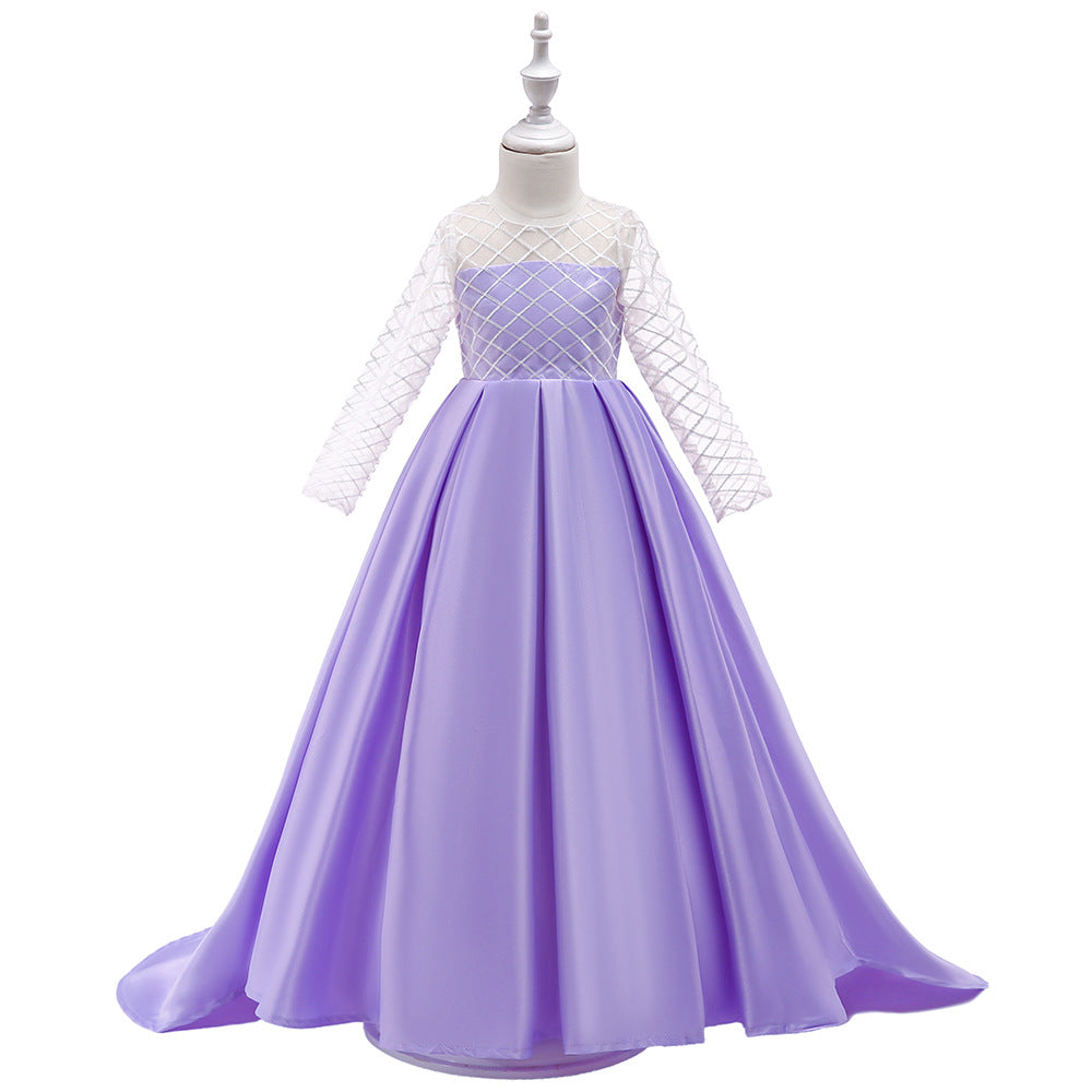 Ethereal Grace Mesh Long Sleeve Trailing Girls Dress for Timeless Elegance