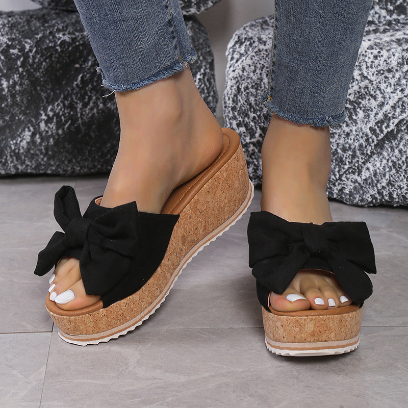 Wild Chic Bow Leopard Print Wedge Slippers with Thick Soles High Heel Flat Shoes for Stylish Summer Outdoor Comfort