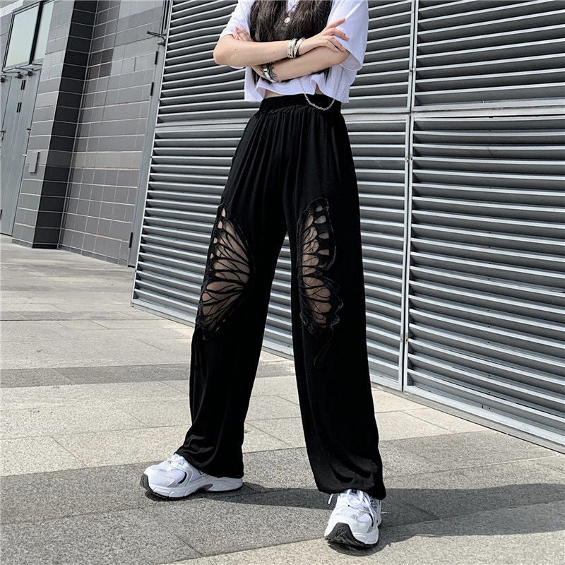 Women's Loose Hollow Butterfly Straight-Leg Ankle-Banded Pants: Fashionable Style