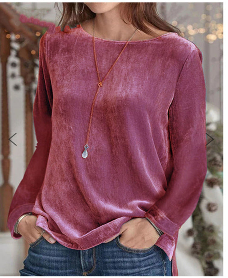 Velvet Chic Solid Color Round Neck Long Sleeve Pullover Sweater