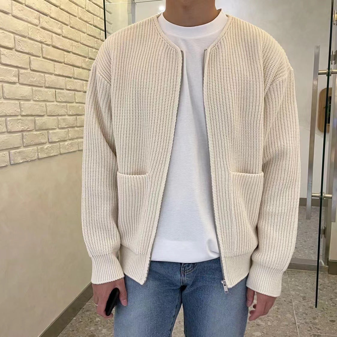 Trendy Knitted Cardigan for Men - Cable Knit with Zip Button