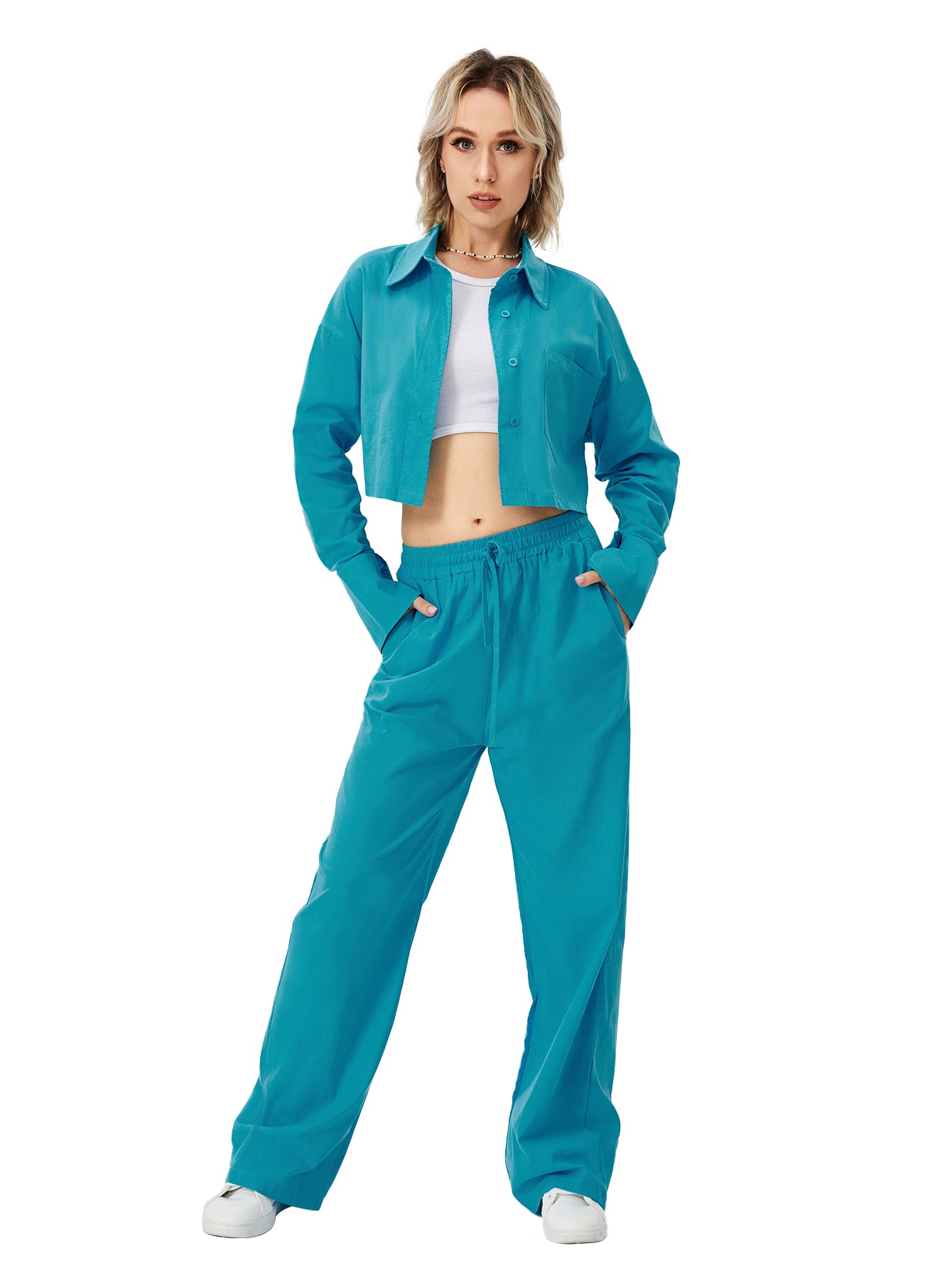 Women Two Piece Outfits For Women Long Sleeve Button Down Wide Leg Loungewear Pajama Set