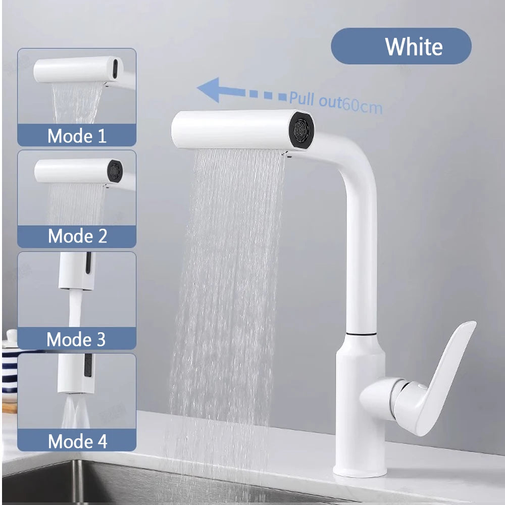 Waterfall Kitchen Faucet Pull out Stream Sprayer Stainless Steel Hot Cold Single Hole 360 ° Rotation