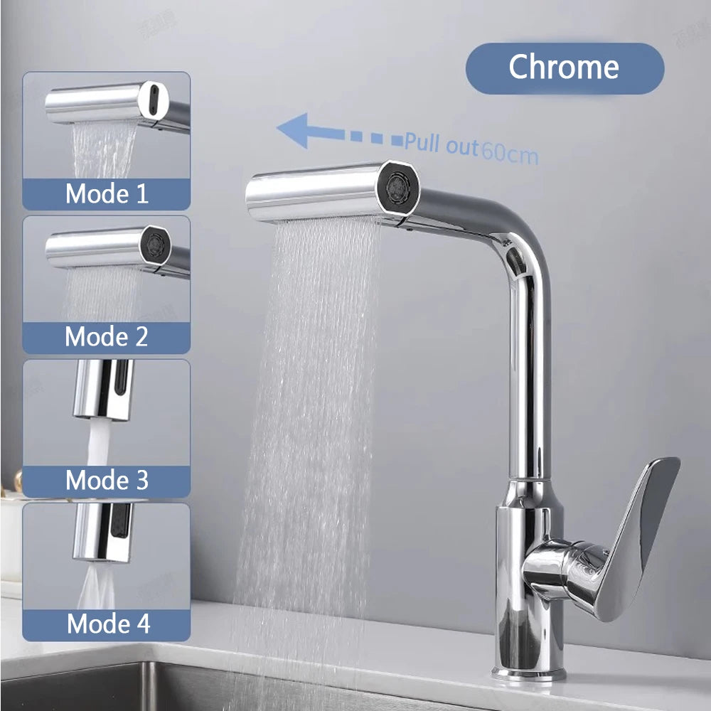 Waterfall Kitchen Faucet Pull out Stream Sprayer Stainless Steel Hot Cold Single Hole 360 ° Rotation