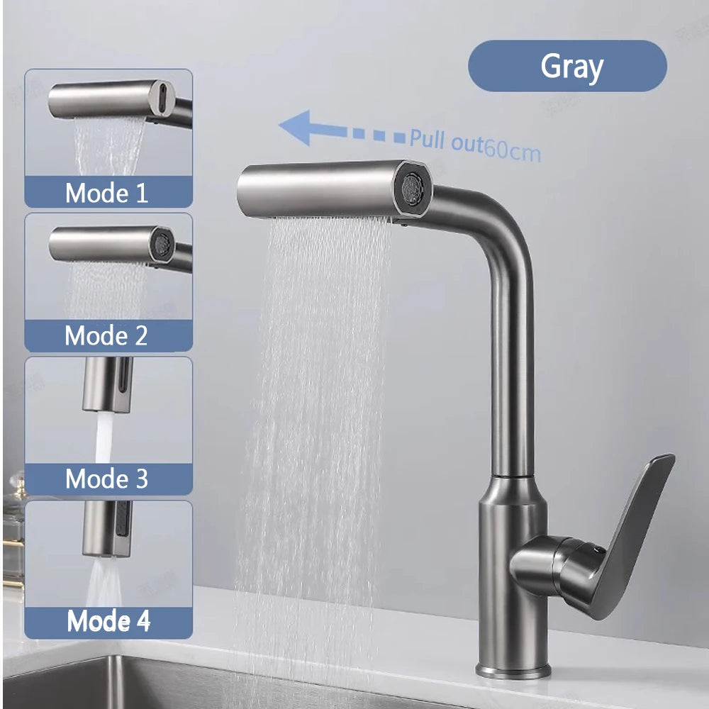 Waterfall Kitchen Faucet Pull out Stream Sprayer Stainless Steel Hot Cold Single Hole 360 ° Rotation