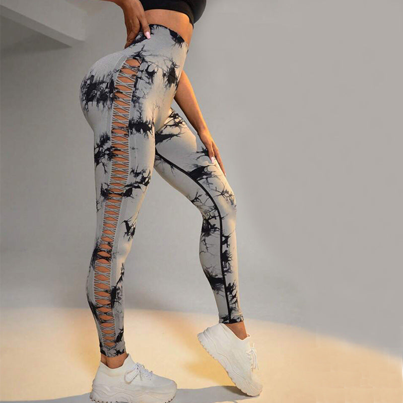 Hollow Tie Dye Printed Yoga Pants High Waist Butt Lift Seamless Sports Gym Fitness Leggings Slim Pants For Women Tight Trousers