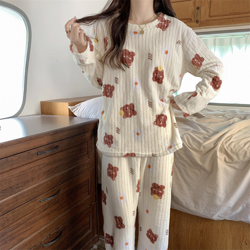 Women's Pajamas Autumn Winter Warm Pyjamas Sets Thick Coral Long Sleeve Cute Cartoon Bear Sleepwear Home Nightclothes