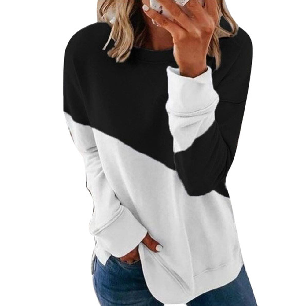 Women Fit Round Neck Long Sleeve Sweater Color Matching Tops Sport Clothes