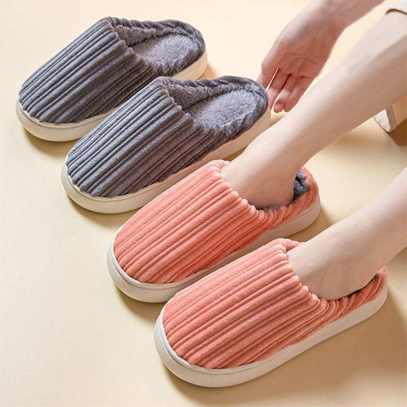 Step into Cozy Luxury with Striped Design Slippers: Thick-Soled, Plush Cotton, Anti-Slip - Perfect for Women's Winter Indoor Comfort